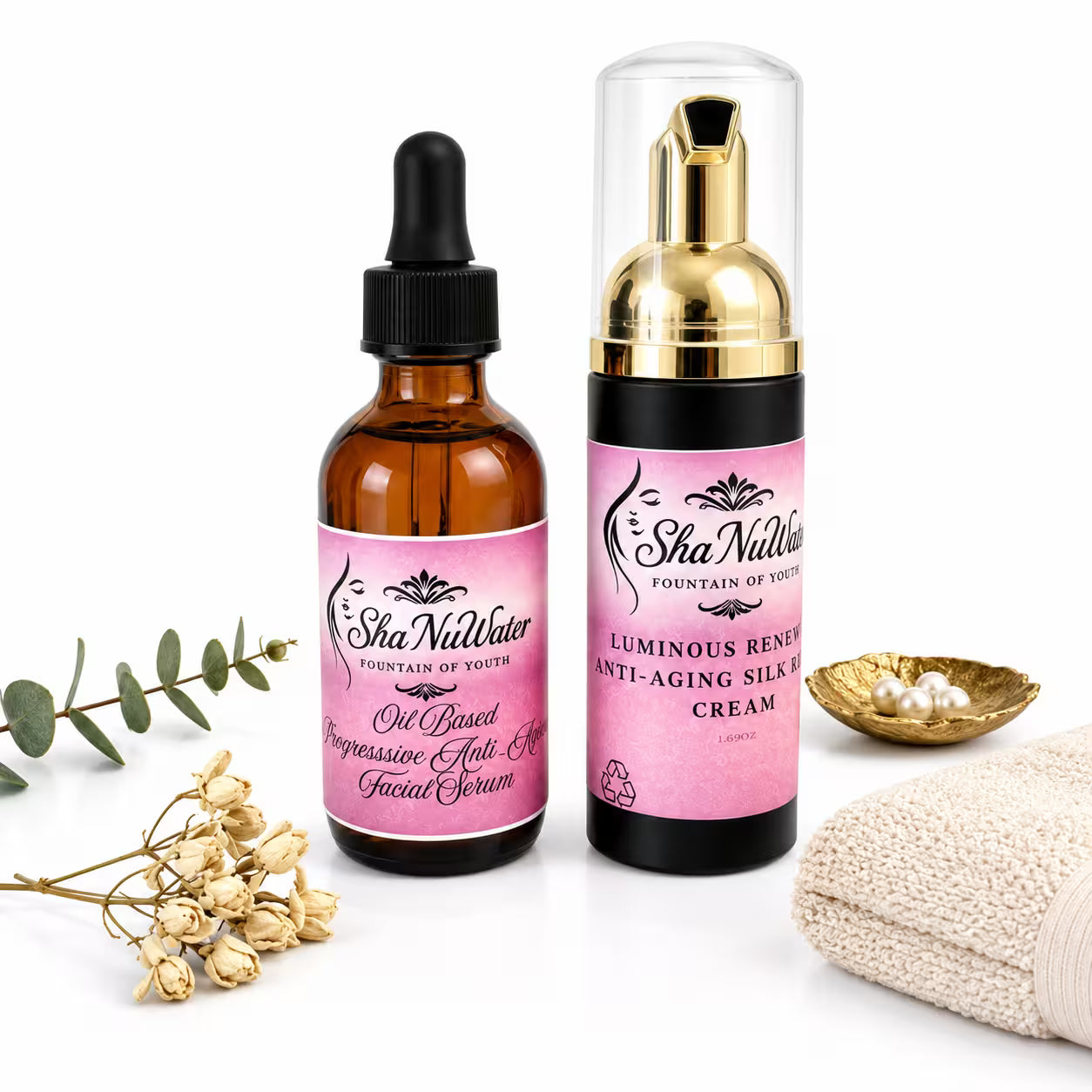 ShaNuWater Fountain of Youth Anti-Aging Bundle — Facial Serum & Luminous Renewal Silk Cream